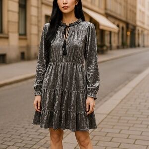 Romeo and Juliet Women’s Grey Velvet Tiered Swing Long Sleeve Dress Sz-M